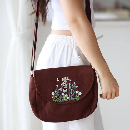 Hand Embroidered Crossbody Bag - Brown Wildflower