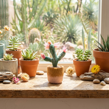 Rankų darbo veltiniai „Happy“ kambariniai augalai — dirbtinis kaktusas