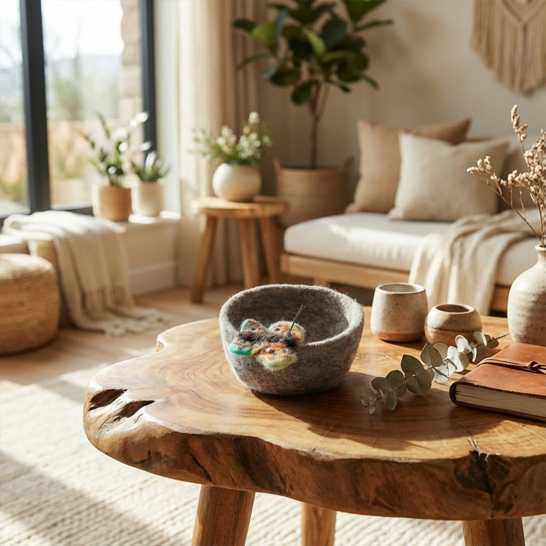 Ręcznie wykonany filcowy talerzyk na drobiazgi z ogrodowymi robaczkami — dekoracja do domu