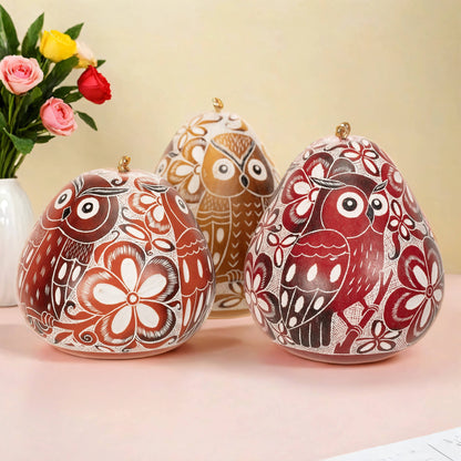 Handmade Gourd Ornament Owl Trio Laced Bird by Lucuma Designs