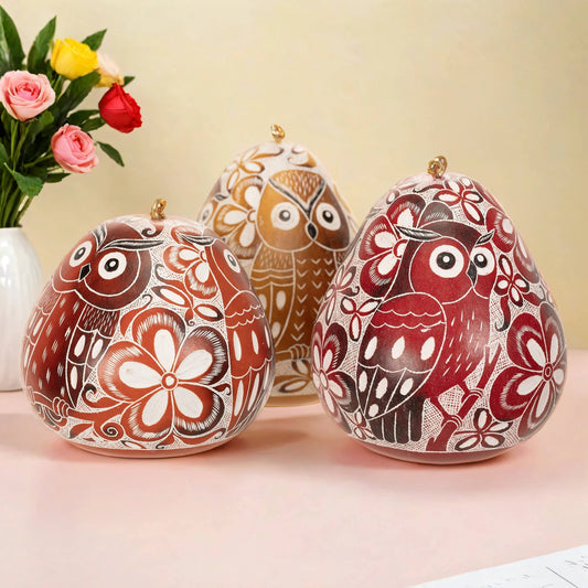 Handmade Gourd Ornament Owl Trio Laced Bird by Lucuma Designs