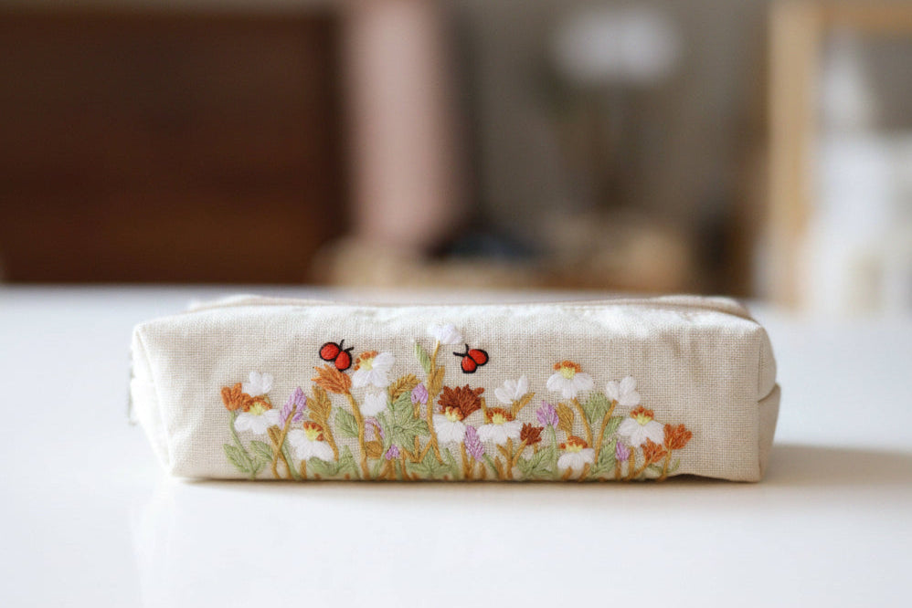 Hand Embroidered Pencil Case - Floral Natural