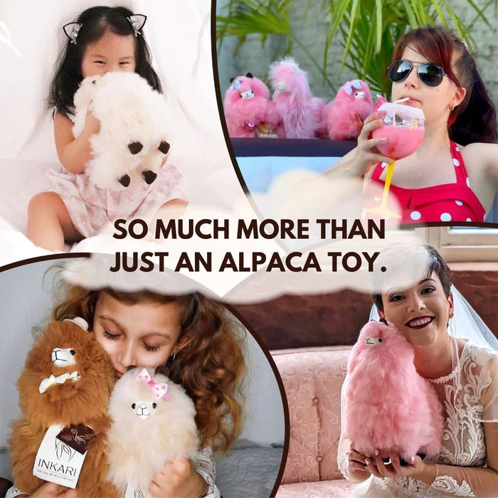 Light Grey Calico INKARI Limited Edition alpaca stuffed animal — lifestyle view in cozy home setting