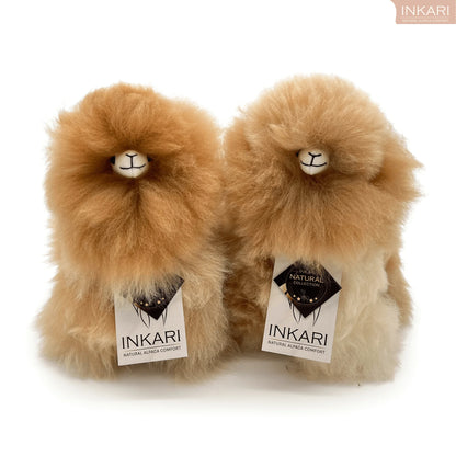 Sandstone INKARI Monsterfluff alpaca stuffed animal — close-up showing soft alpaca wool texture and gentle face
